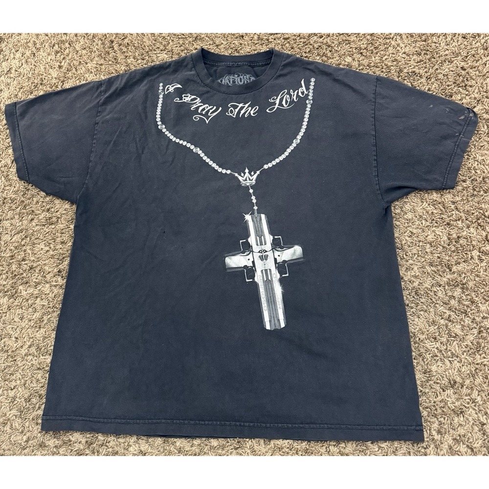 VTG Y2K Mafioso "I Pray The Lord" T-Shirt Black Double Sided Mens Size 2XL